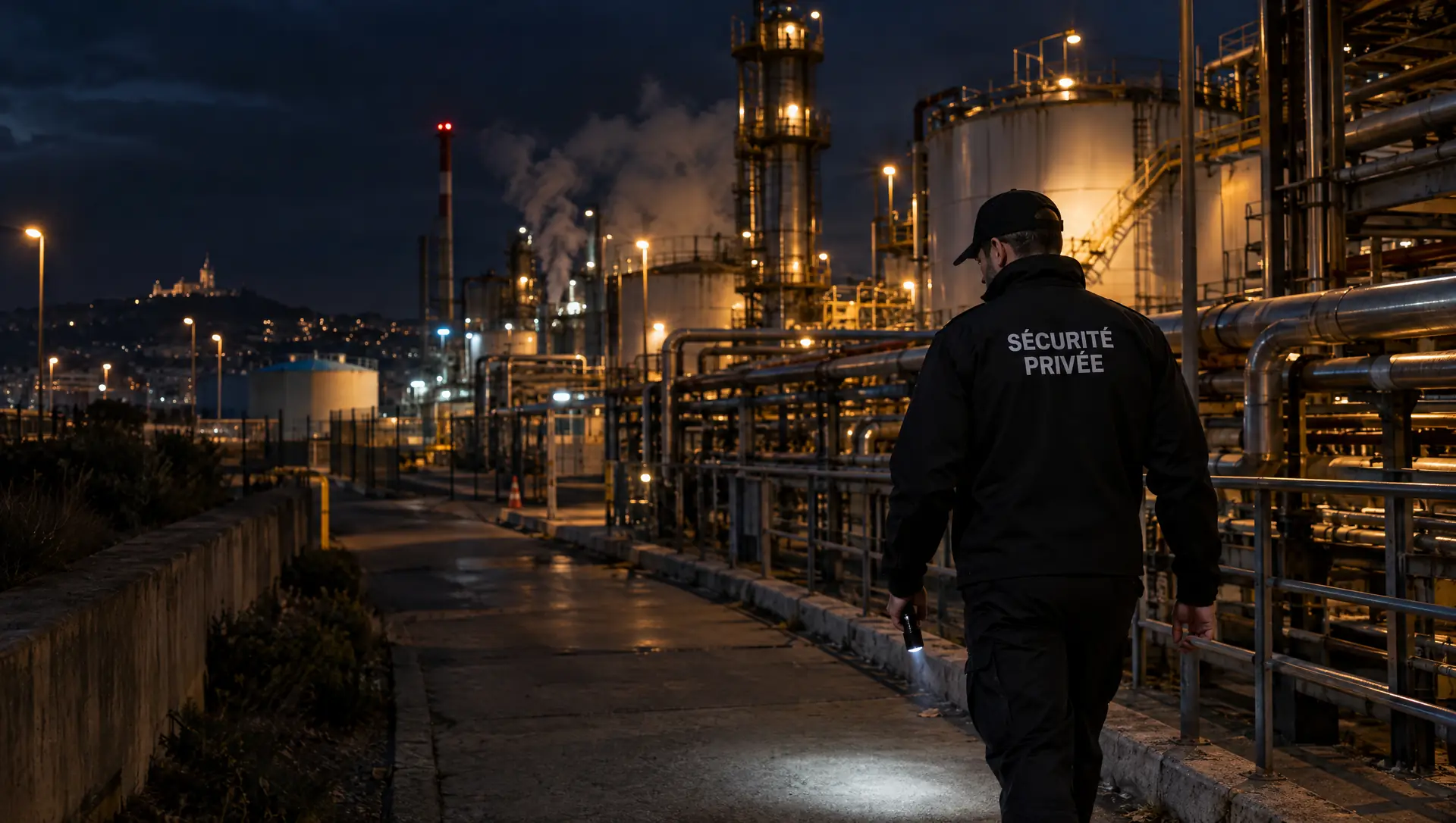 Agent de sécurité privée en ronde de nuit sur un site industriel près de Marseille